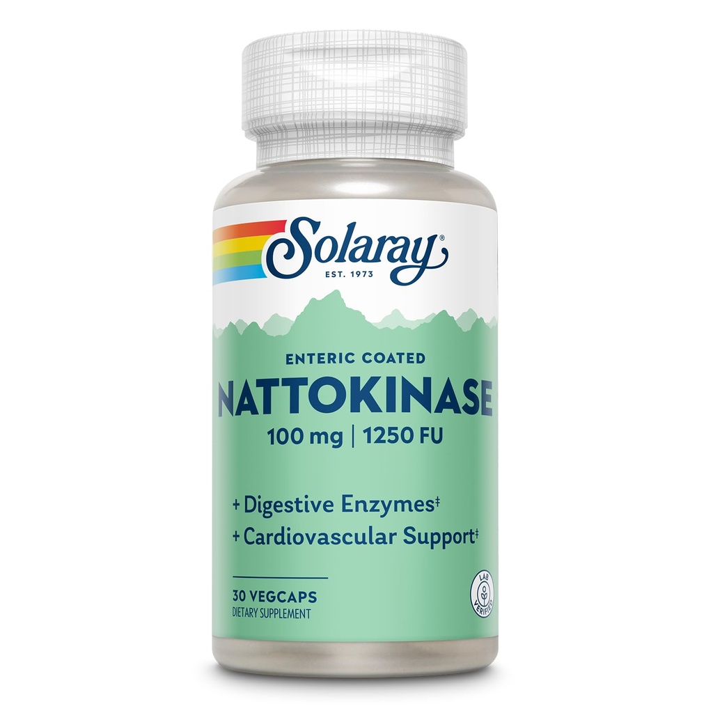 SOLARAY Nattokinase Supplement - Nattokinase 100mg, 1 250FU - Supplément de soutien de santé traditionnel - Labo vérifié, garantie de 60 jours - 30 portions, 30 VegCaps