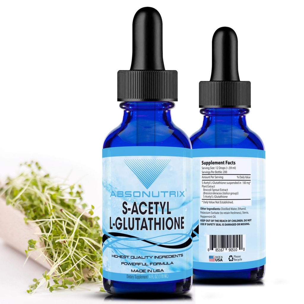 Absonutrix S-Acetyl L-Glutathione 100 mg per Serving 4 oz Liquid 200 Servings, Helps Detoxify Body, Boosts General Health, Helps Boost Energy Level, Quick Absorption, Gluten-Free, Made in USA,