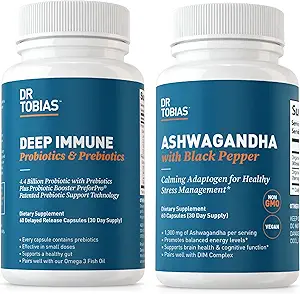 Dr Tobias Probiotiques et prébiotiques et capsules d'Ashwagandha, soutient la digestion, l'énergie et la santé immunitaire, non-OGM