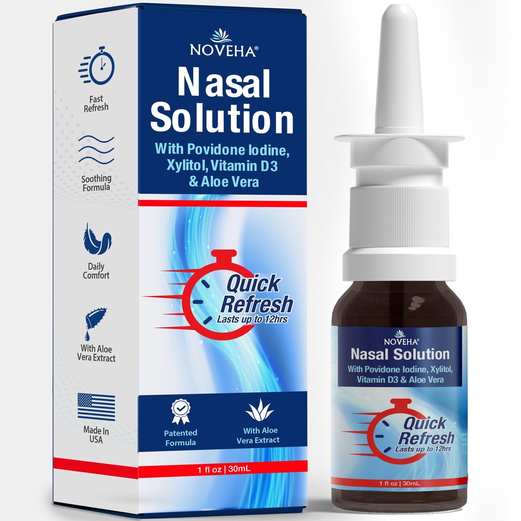 NOVÉHA Vaporisateur nasal - 1 % Vaporisateur povidone-iode, vitamine D3, Aloe-Véra - Nettoyant nasal (30mL)
