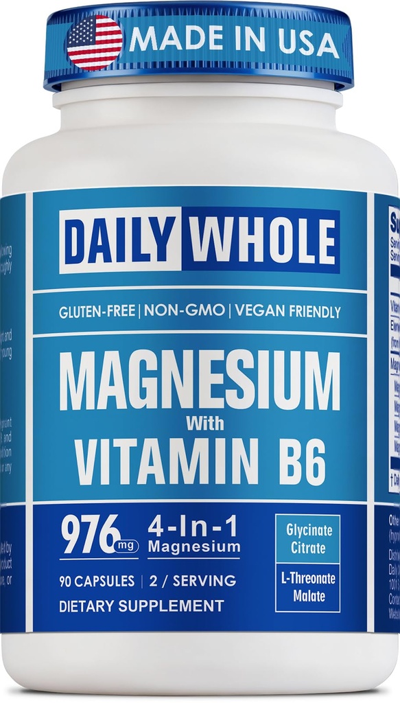 Magnesium Glycinate 4-in-1 Complex for Women, 976mg of Magnesium Glycinate, Citrate, Malate, L-Threonate & Vitamin B6 Supplement for Health | Third Party Tested, Gluten Free, Non-GMO - Easy to Swallow