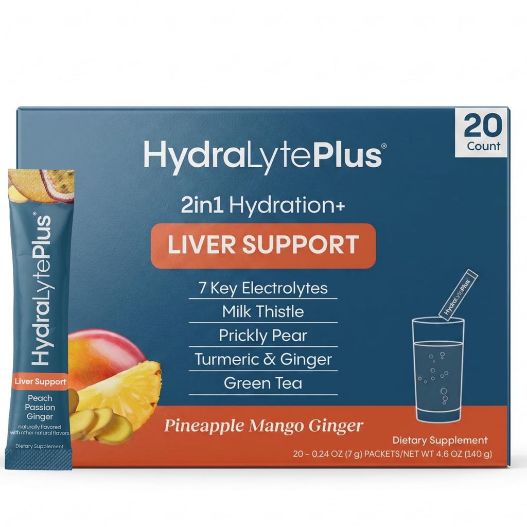 Support du foie Hydralyte + Mélange d'électrolyte avec le chardon de lait, le curcuma, le gingembre, la poire piquante, l'extrait de thé vert préparé pour la réhydratation rapide (Gingembre de la mangue de la pomme, 20 paquets)