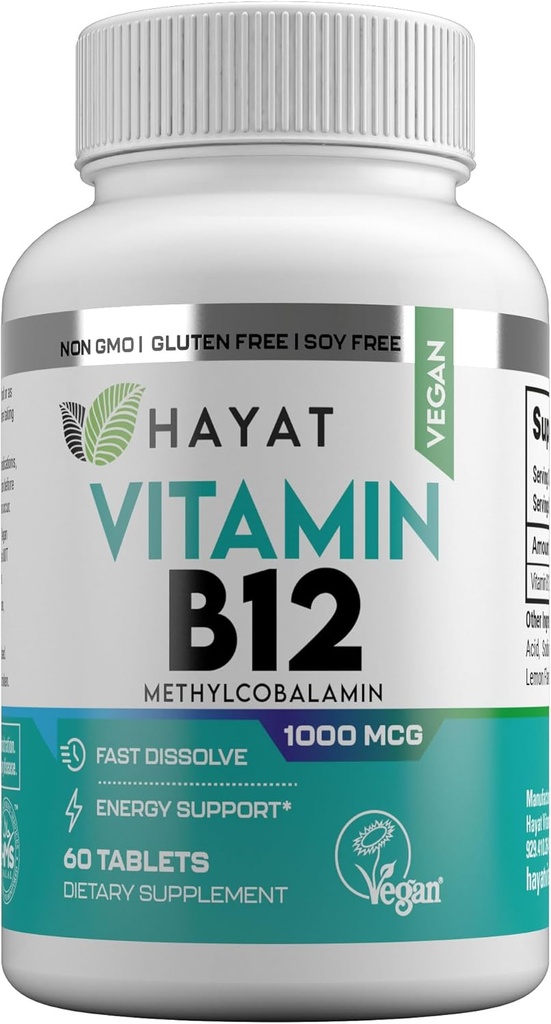 HAYAT Vitamins Vegan Natural Vitamin B12 1000 MCG, Dietary Supplement for Energy Metabolism Support, 2 Month Supply, All Natural, Certified Halal, 60 Tablets, Made in The USA