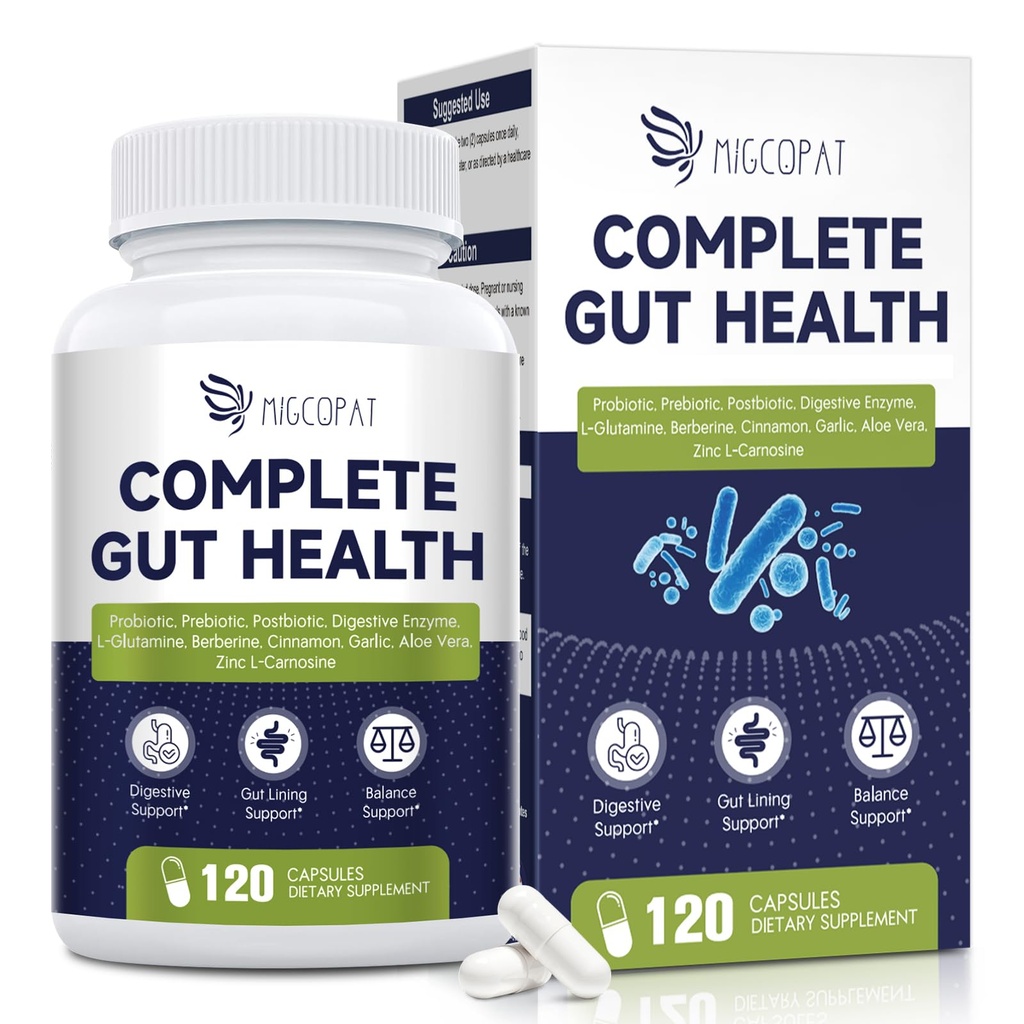 Migcopat Probiotic Prebiotic, Postbiotic & Digestive Enzymes for Digestive Health, 80 Billion CFU Probiotics Complete Gut Support with Berberine, Cinnamon, L-Glutamine, for Men & Women, 120 Capsules