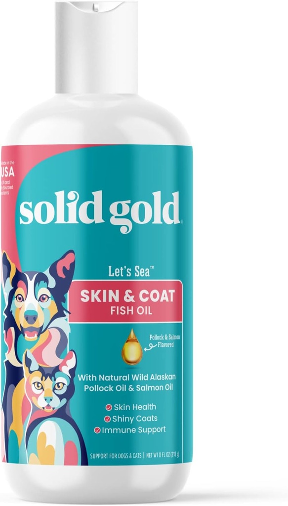 Huile de poisson Omega 3 d'or solide pour chiens et chats - Huile de saumon sauvage d'Alaska pour chiens Support de peau et de manteau - Supplément de chien Omega 3 liquide avec/polloque, acides gras, EPA & DHA pour support immunitaire - bouteille de 8oz