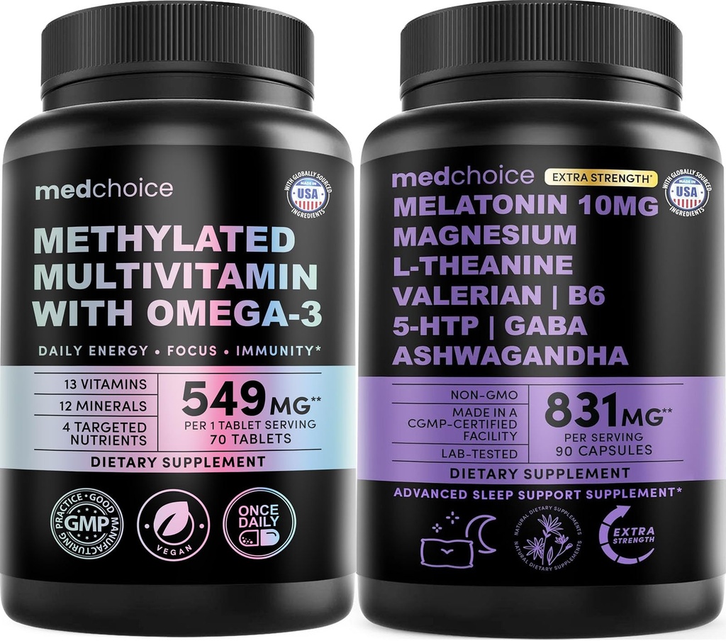 29-in-1 Methylated Multivitamin for Men & Women with Omega 3, Active B12, 5-MTHF Folate (70ct) & 12-in-1 Melatonin Sleep Extra Strength with 10mg Melatonin, Magnesium, Ashwagandha, GABA, (90ct)