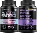 29-in-1 Methylated Multivitamin for Men & Women with Omega 3, Active B12, 5-MTHF Folate (70ct) & 12-in-1 Melatonin Sleep Extra Strength with 10mg Melatonin, Magnesium, Ashwagandha, GABA, (90ct)