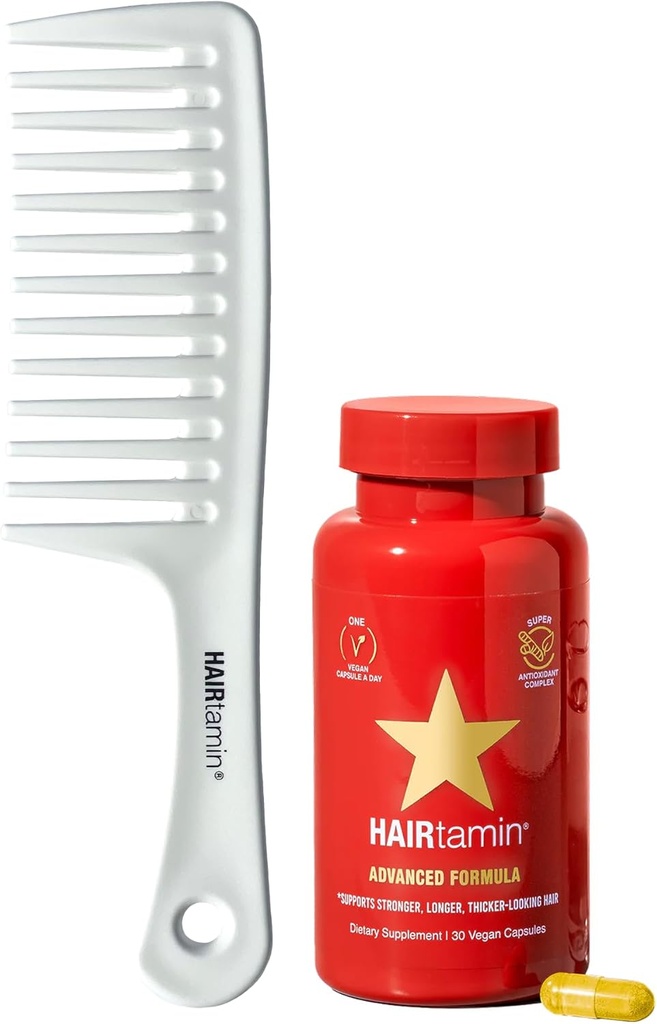Hairtamin Advanced Vegan Biotin Supplement Pack | Haar-, Haut- und Nagel-Vitamine mit Gentle Detangling Comb zu fördern Wachstum & Stärke
