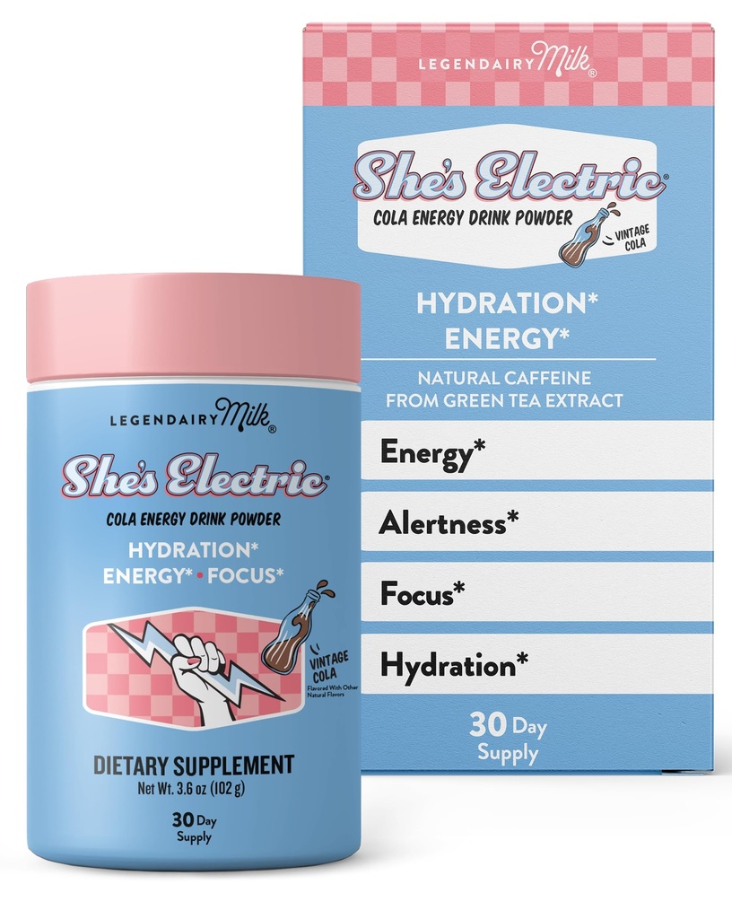 Legendairy Milk She’s Electric – Cola Flavor, Energy Powder Clean Energy Hydration Powder - Sugar Free - Calorie Free - Vitamin B6 & Vitamin B12 - Green Tea Extract - Beverage, Drink Mix