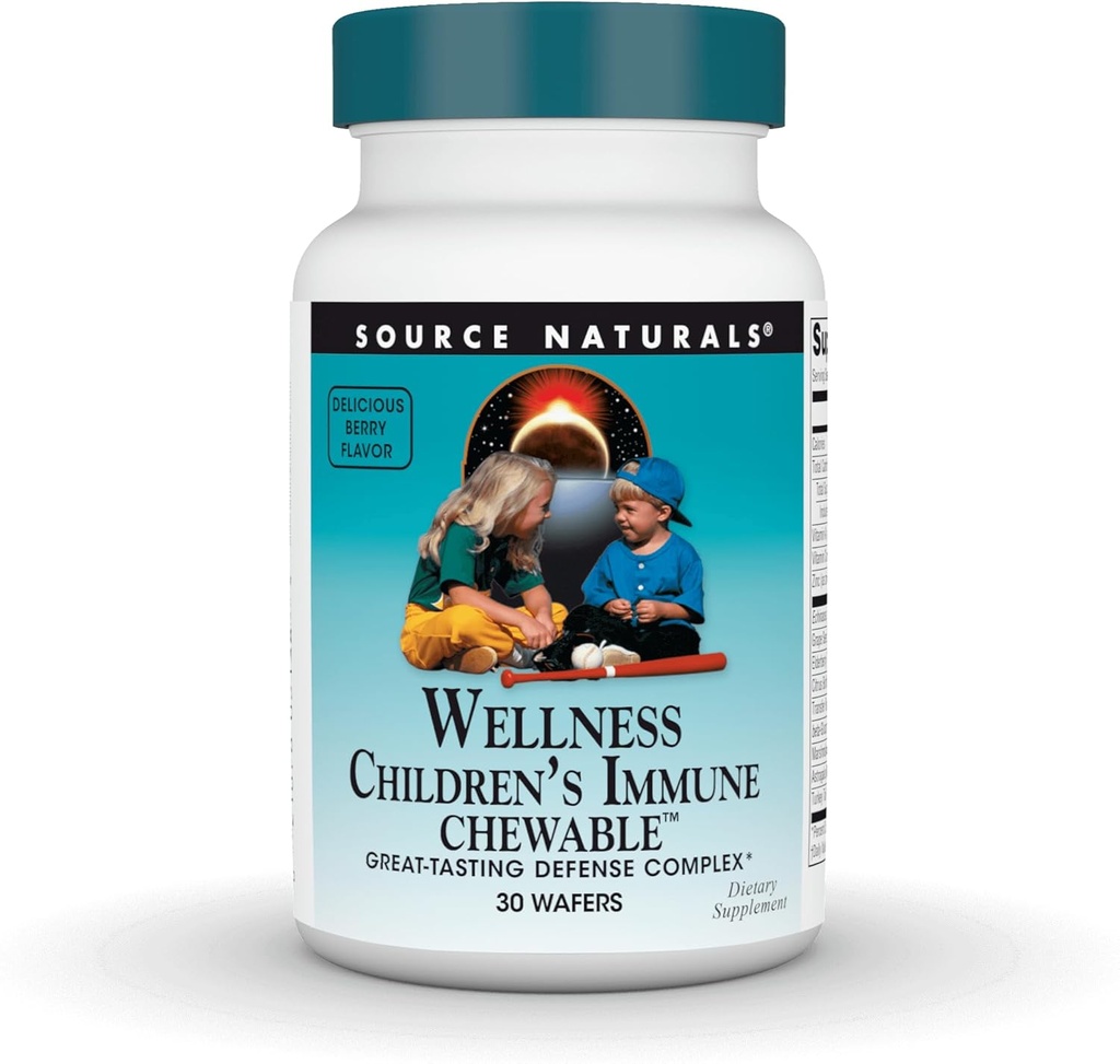 Source Naturals Wellness Immune pour enfants Complexe de défense à croquer et à déguster, parfumé aux framboises* - 30 Wafers