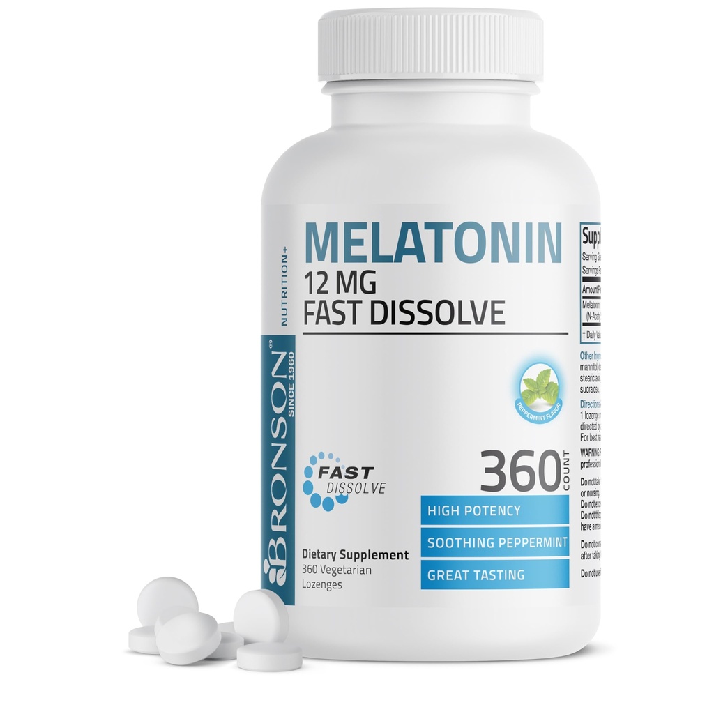 Bronson Melatonin 12mg Fast Dissolve Nachtzeit Schlafhilfe Unterstützung & Entspannung Unterstützung, 360 Peppermint Vegetarische Lozenges