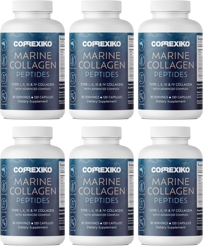 Pilules de supplément de collagène marin CORREXIKO - 1800mg Peptides de collagène hydrolysés par portion d'acide hyaluronique ajouté, vitamine C & minéraux - pour cheveux, peau et ongles - 720 capsules 6 mois d'approvisionnement