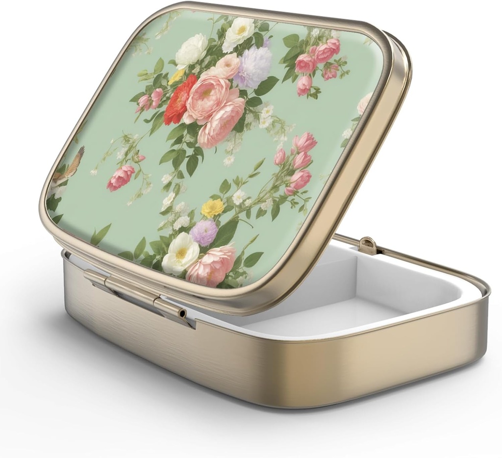 Pill Case Pill Box with Mirror Retro 2 Compartiment Petite Pill Case for Purse or Pocket Bronze Pill Box or Vitamines, Huile de poisson, Suppléments, Pill Containe Travel Gifts (Retro Green Floral)