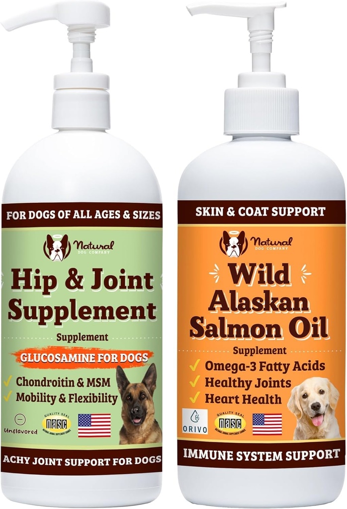 Natural Dog Company Glucosamine & Salmon Oil Bundle for Dogs – Hip, Joint, Skin & Coat Support – Promotes Mobility, Itch Relief & Immune Health – 16 oz Each