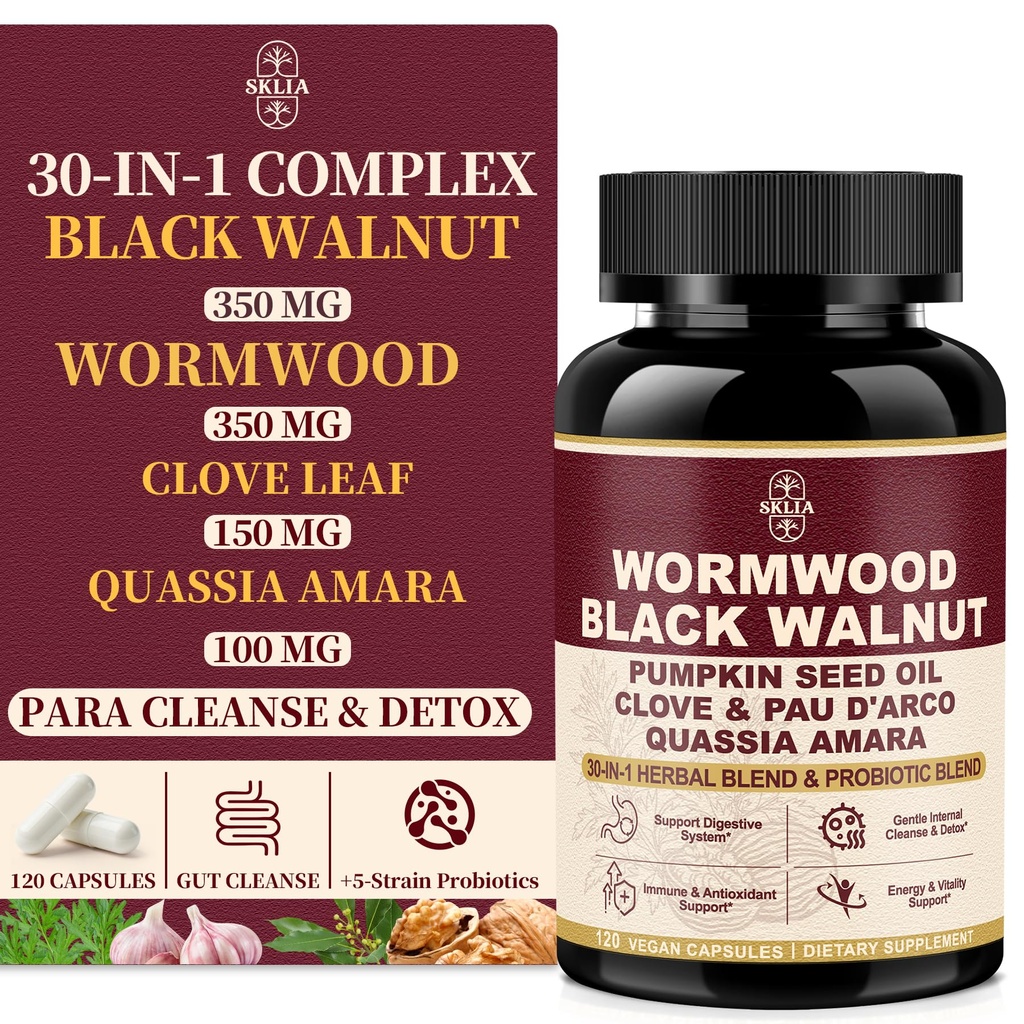 30-in-1 Wormwood Black Walnut Cleanse Capsules – Advanced Detox for Adults - Natural Gut Cleanse with Soursop, Pumpkin Seed, PAU D'Arco, Probiotic Blend, Oregano & Garlic – Vegan 120CT, 99% Absorption
