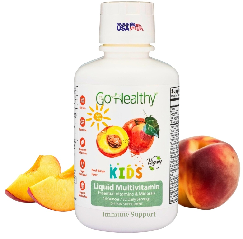 Vai Salute bambini liquido Multivitamina, Supporto immunitario, Kid Liquid Multivitamins, Alta Assorbimento Vitamine Vegane, Bambini Vitamine Multivitamina Peach Mango - 30-60 Serve