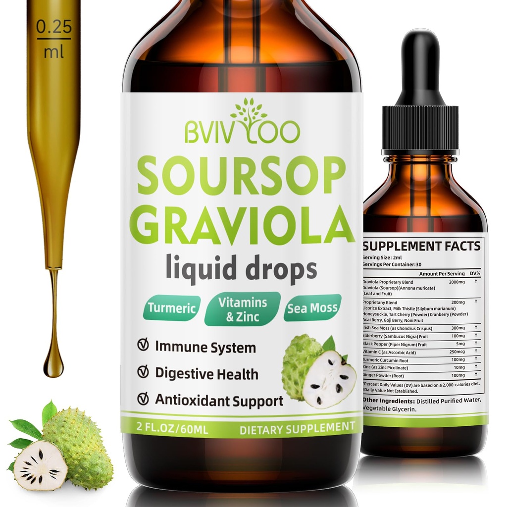 Soursop Graviola Liquid Drops - 2000mg Pure Soursop Extract Blended with 300mg Sea Moss & 100mg Elderberry - Leistungsstarke Zellunterstützung, Antioxidant-Rich, Immun-Boosting - 2 Fl Oz (60ml) Flasche