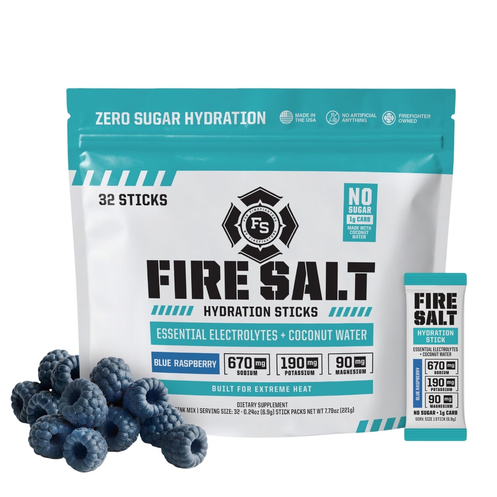 Fire Science Fire Salt Hydration Sticks, Electrolytes & Coconut Water, Hydration Drink Mix with Magnesium, Potassium & Sodium, Zero Sugar, Single Serve On the Go Packs, Blue Raspberry Flavor, 32 Count