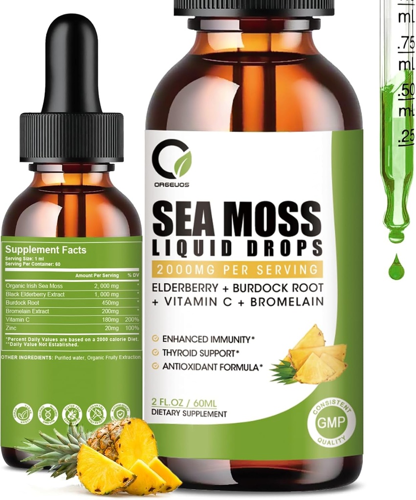 Sea Moss Drops 2000mg, Irish Sea Moss Supplement unterstützt Immunität, mit Black Elderberry, Burdock Root, Bromelain, Vitamin C & Zink, 2 Fl.Oz, Ananas Flavor