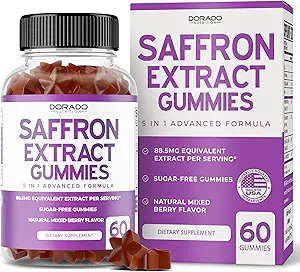 Saffron-Ergänzungen (60 Gummi) Premium Saffron Gummies - Zuckerfrei Gummy 88.5mg Equivalent Extract - 5 in 1 Erweiterte Formel - Delicious Raspberry Flavor - Non GMO - Vegan & USA Made