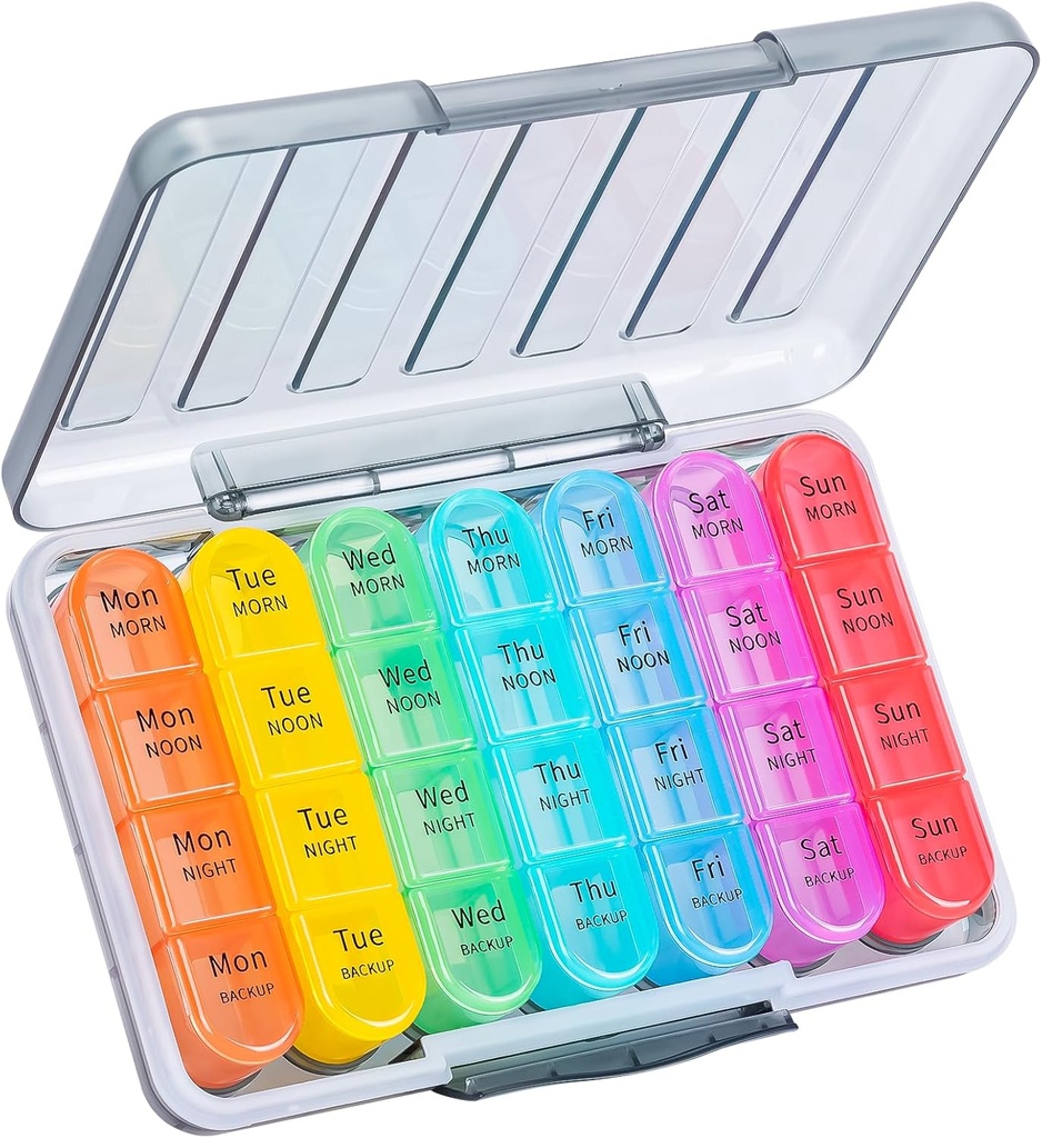 Daviky Weekly Pill Organizer 4 fois par jour, humide-proof Pill Box 7 Jour, quotidien Pill Case Medicine Organizer Box Facile à transporter, Voyage Pill Organizer avec 28 compartiments pour tenir les vitamines et les médicaments