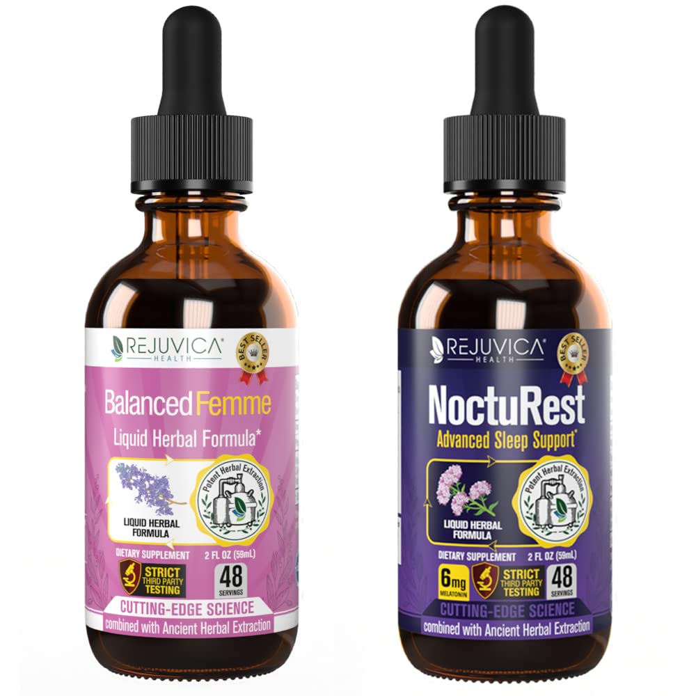 Rejuvica Health Balanced Femme + NoctuRest - Supporto Equilibrio femminile + Sonno - Consegna liquida per un migliore assorbimento - Dong Quai, Melatonin, Maca, Hops, Camomilla, Theanine & More!
