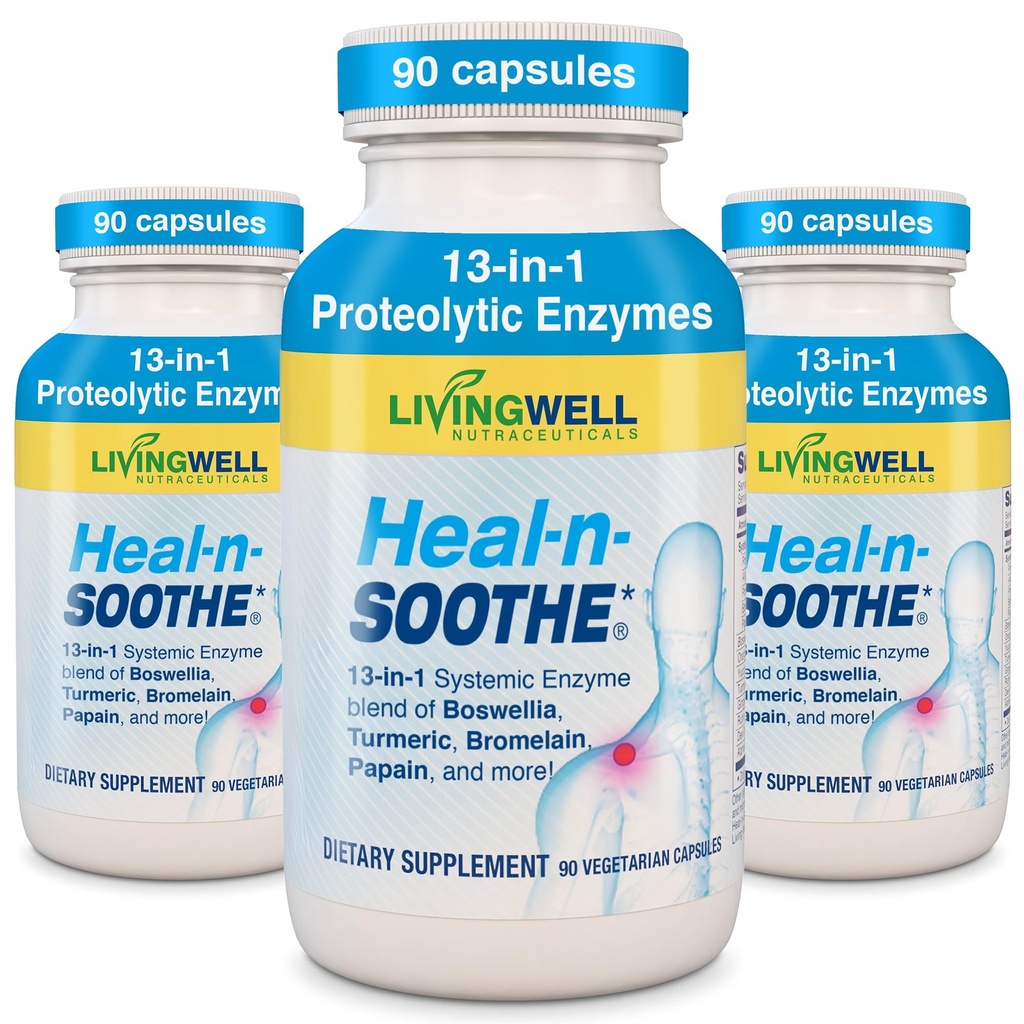 Integratori di supporto congiunti HEAL-N-SOOTHE - Enzimi proteolitici come Bromelain & Papain, con Boswellia, Turmeric & Ginger- Promuove la funzione digestiva delle proteine & Body Defense Wellness- 90 Count (3 Pack)