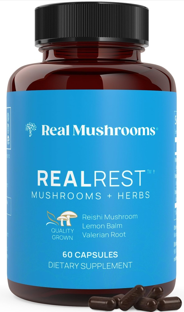 Véritables capsules de champignons RealRest – Extrait de champignons et de baume de citron biologique Reishi – Calme, conscience et bien-être – Vegan, non-OGM, sans remplissage – Supplément de champignons fonctionnels 60 comtes