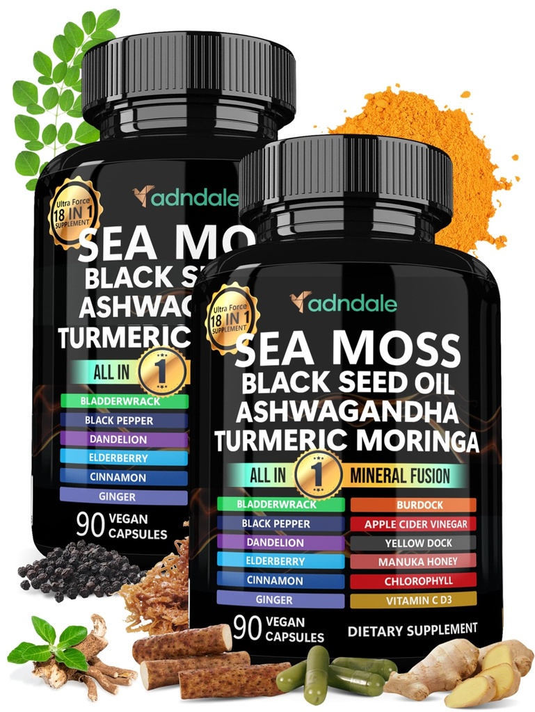 Adndale Sea Moss Capsules - Sea Moss Blend with Ashwagandha, Turmeric & Black Seed Oil - 180 Count