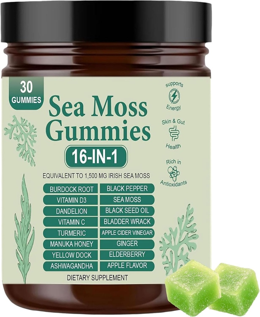 Sea Moss Gummies 16-in-1, with Bladderwrack & Burdock Root - Organic Irish Sea Moss Supplement for Immune Support, Digestion, Energy - Vegan, Non-GMO, 30 Chewable Gummies