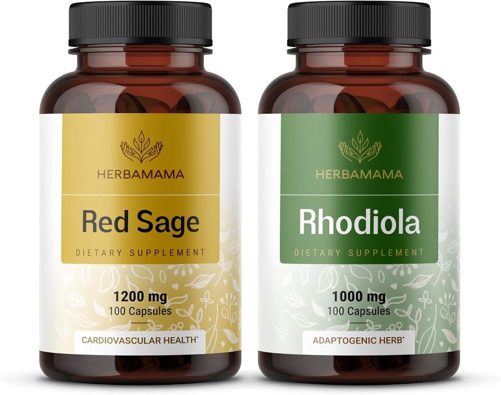 HERBAMAMAMA Red Sage and Rhodiola Kit - Bundle di 1200 mg Red Sage Dan Shen & 1000 mg Rhodiola Rosea Capsules - Vegan, Non OGM, Sugar & Gelatin-Free - 2 Pack