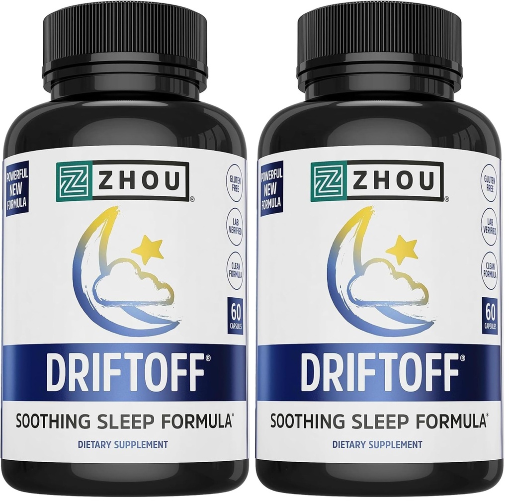 ZHOU Driftoff - Nature Inspired Sleep Aid, Valerian Root & Melatonin for Sleep for Men & Women, Calm Sleeping Supplement for Adults with GABA & Chamomile to Relax - 60 Veggie Capsules (Pack of 2)