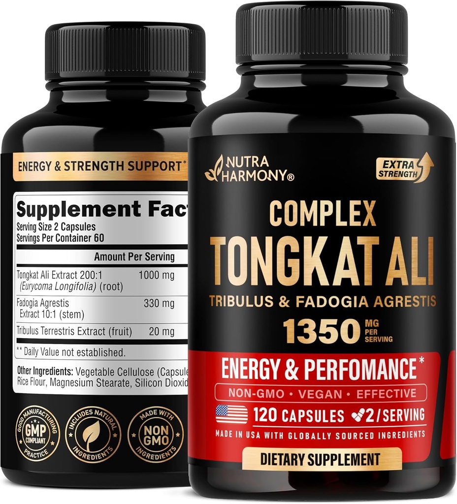 Tongkat Ali Hommes 1350mg Complexe - Fadogia Agrestis. Tribulus Terrestris - Support énergie, force et performance - Extra force 200:1 Extrait - 3ème partie testée, fabriqué aux États-Unis - 120 capsules / 2 mois