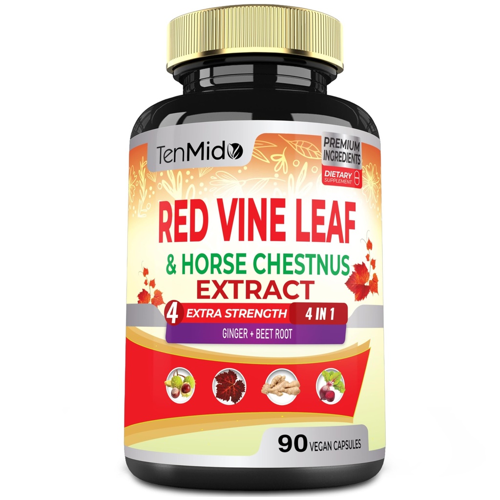 Capsules d'extrait de feuille de vigne rouge - avec châtaigne de cheval, racine de betterave, gingembre - Supplément à base de plantes pour le coeur, la veine des jambes et l'énergie - 90 capsules végétaliennes pendant 45 jours