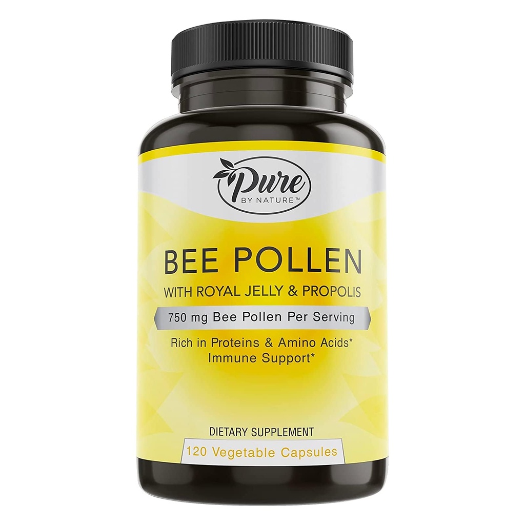 Pure By Nature Bee Pollen Supplément avec Propolis & Royal Jelly pour le support immunitaire, propriétés antioxydantes, 120 capsules végétales non OGM