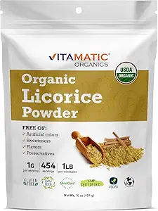Certifié Vitamatic en poudre de racine de réglisse biologique USDA – 1 lb (16 oz) également connu sous le nom de Malethi ou Mulethi.