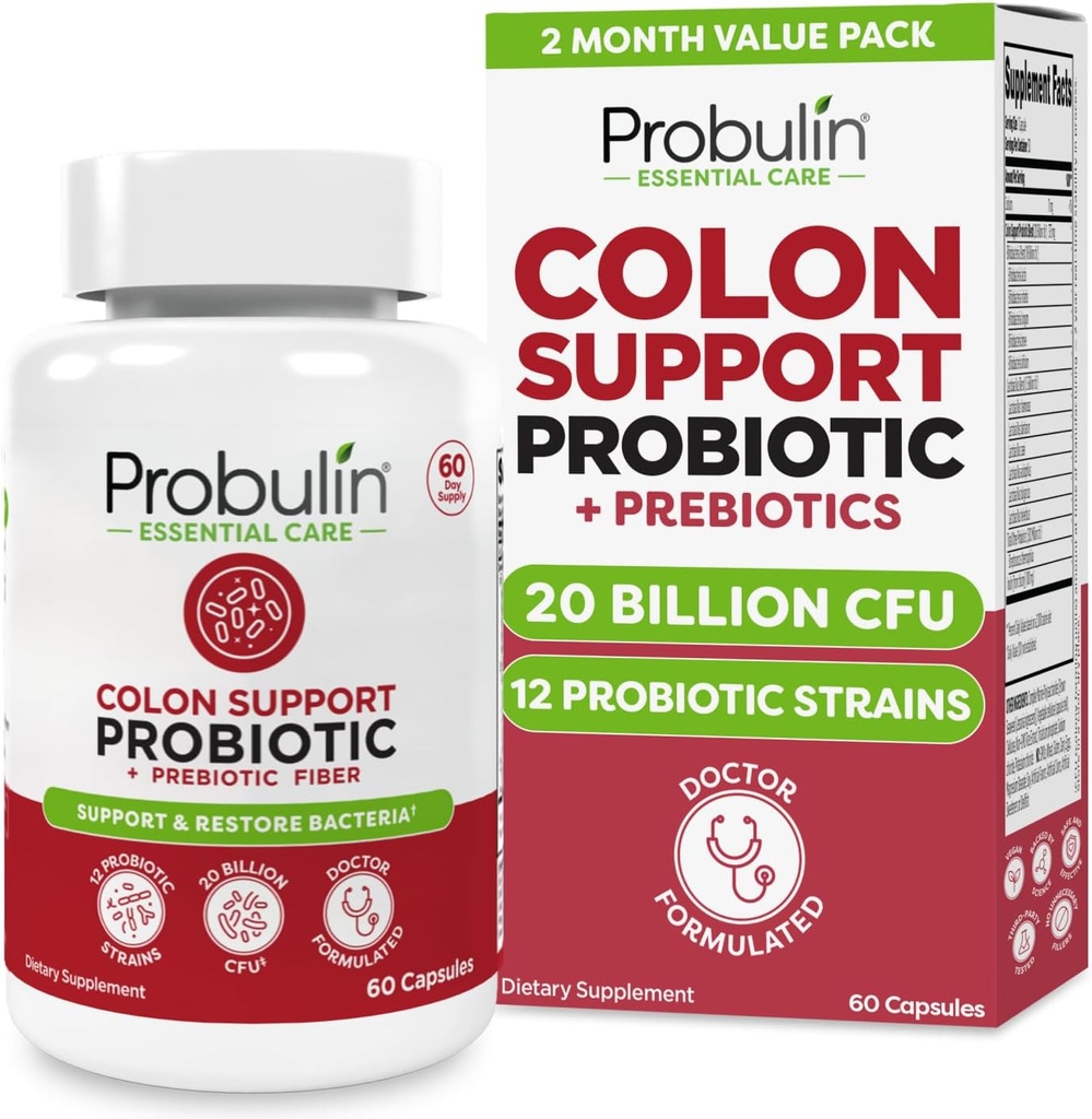 Probulin Colon Unterstützung Probiotische Ergänzung, Tägliches Gut, Verdauungs- und Immungesundheit Probiotics Kapseln für Männer und Frauen, 20 Billion CFU, Vegan, 60 Count Bottle