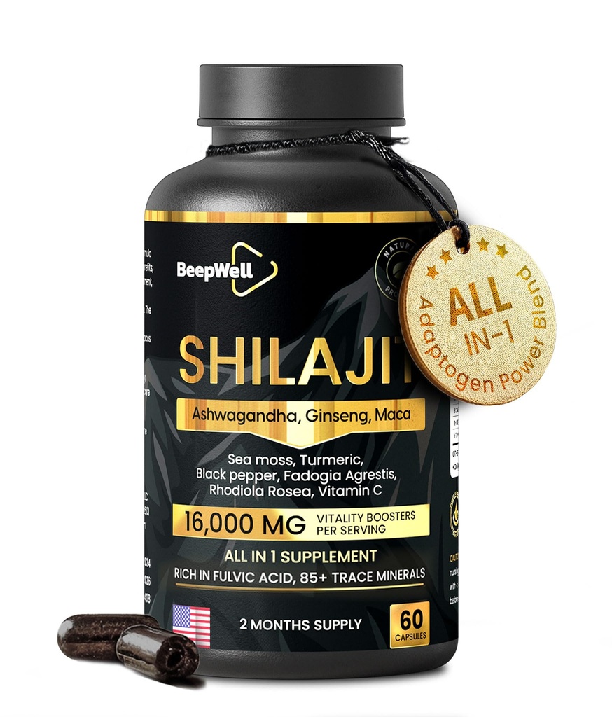 Shilajit Kapseln für Männer & Frauen, 16.000mg Pure Himalayan Organic Shilajit unterstützt Vitalität und Wellness,Premium Pure Himalayan Supplement 2 Monate Versorgung, 60 Kapseln