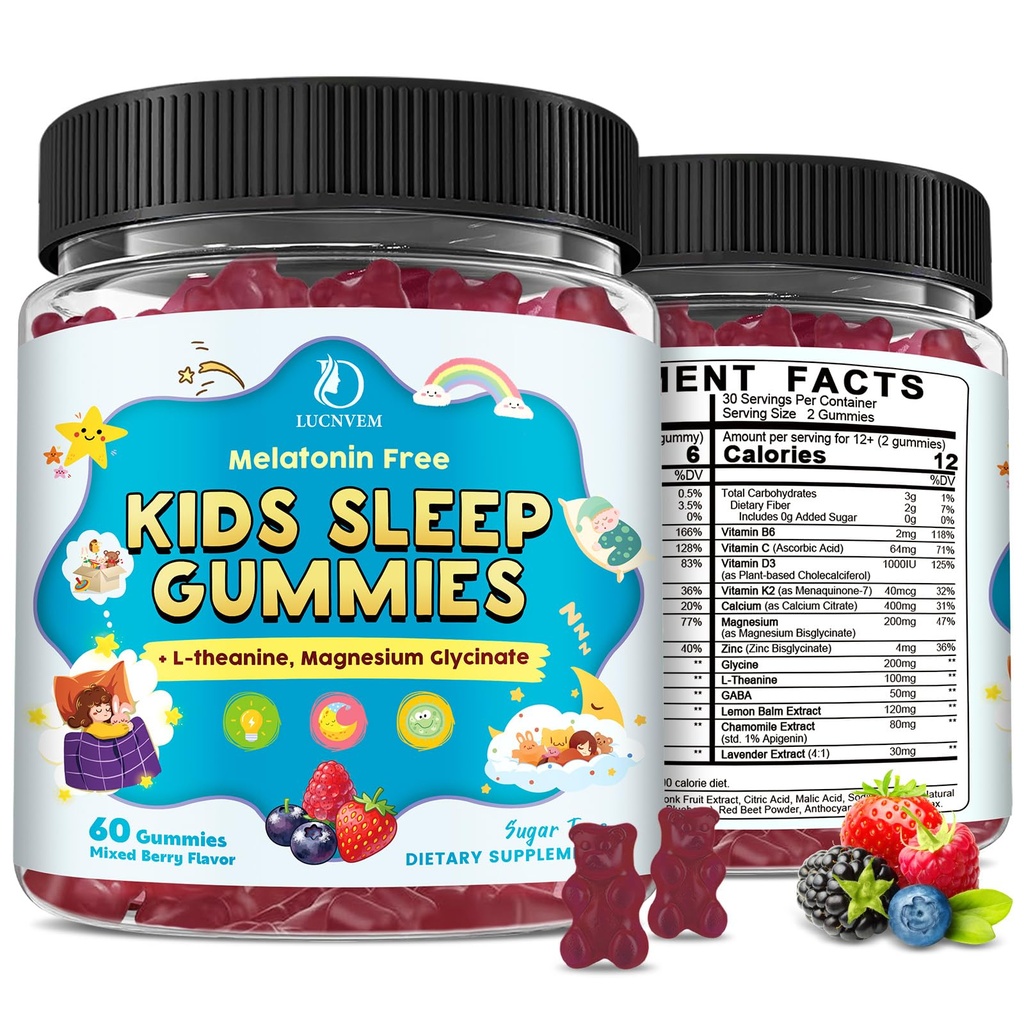 Kids Sleep Gummies with Magnesium Glycinate – Melatonin Free Bedtime Support for Kids – Calm & Relaxation with L-Theanine, GABA, Chamomile & Lemon Balm – Sugar Free Mixed Berry Flavor, 120 Gummies