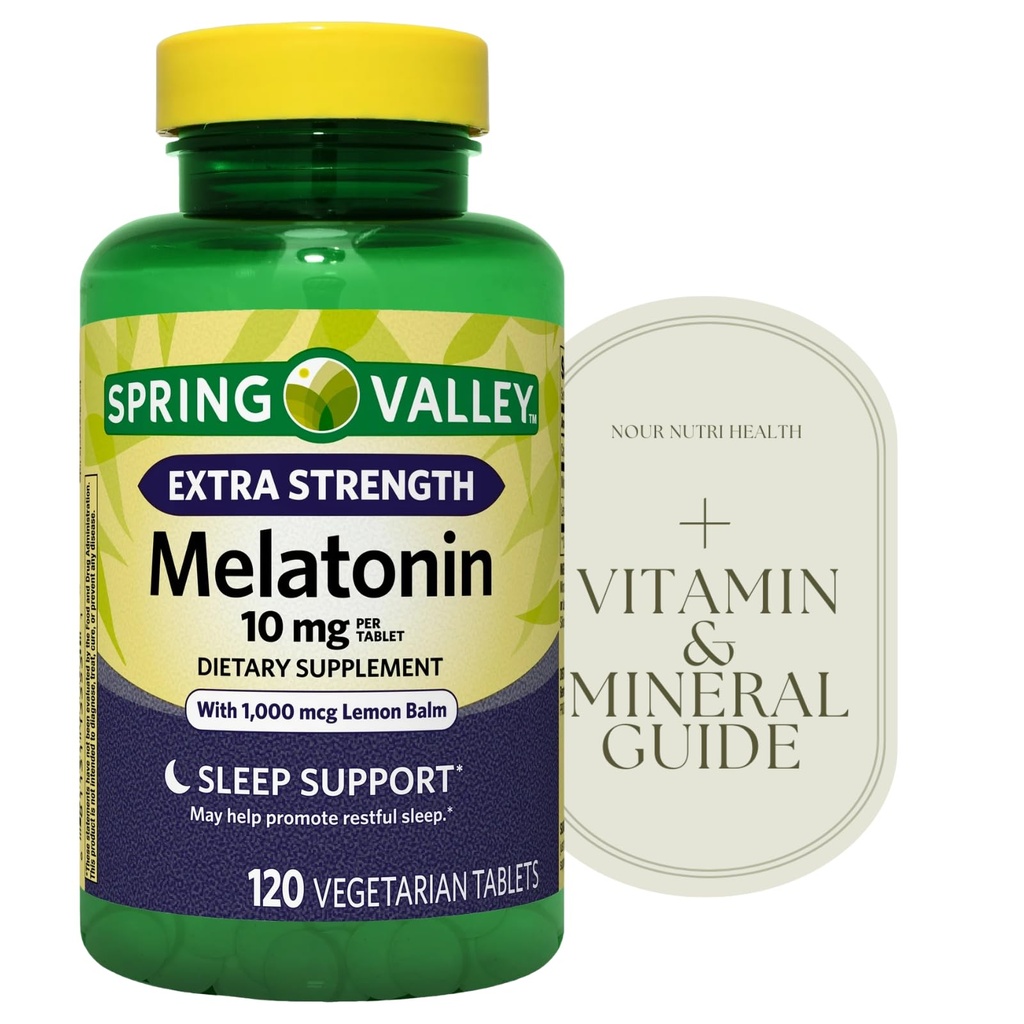 Extra Strength SPR -ing Valle Melatonin Tablets Dietary Supplement, 10 mg, 120 Count + Vitamin Guide Included and Sticker