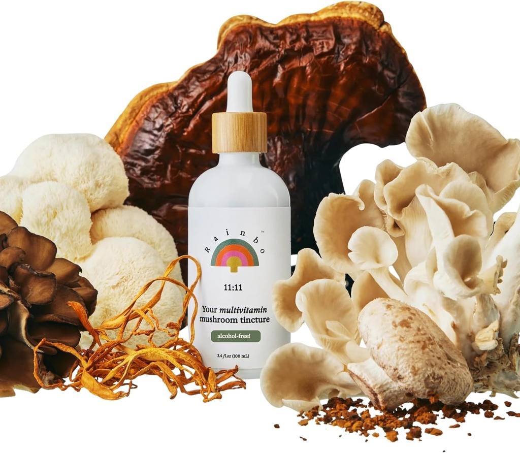 Rainbo - 11:11 Mehr Mushroom Tincture - 11-in-1 Alkoholfrei - Dual Extract Pilzmischung - Umfassende Immununterstützung, Gehirnunterstützung, Flüssige Lion's Mane & Turkey Tail, Vegan, Non GMO, 3,4 fl oz