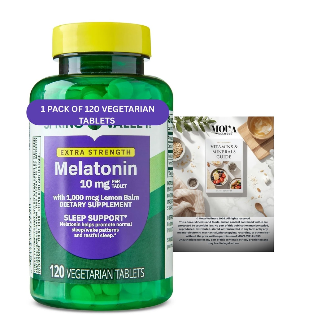 Melatonin 10 mg Extra Strength with Lemon Balm, Sleep Support, 120 Vegetarian Tablets (Pack of 1).