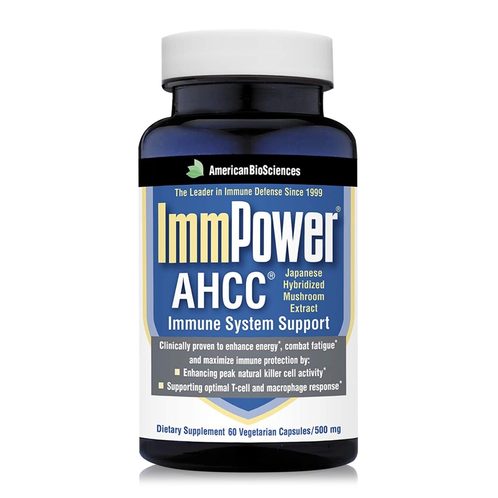 American BioSciences ImmPower Supplément de champignons à base de plantes AHCC, 500mg par gélule pour le soutien immunitaire, maintient l'activité des cellules tueuses naturelles, pack de 1, 60 capsules de légumes