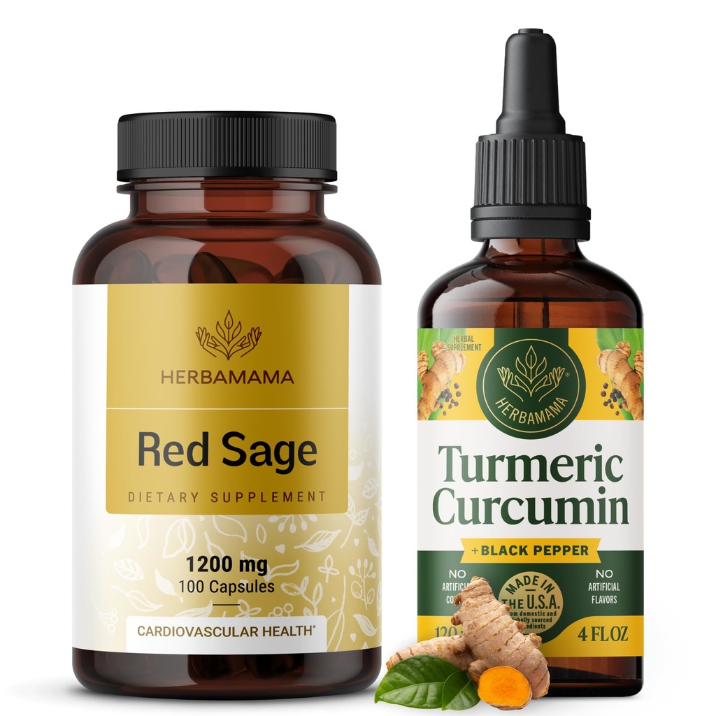 HERBAMAMA Rouge Sage and Turmeric Kit - Ensemble de 1200 mg Rouge Sage Dan Shen Capsules et Curcumine Turcuma gouttes 2 fl oz - Vegan, non-OGM, sans sucre et sans alcool - 2 Pack