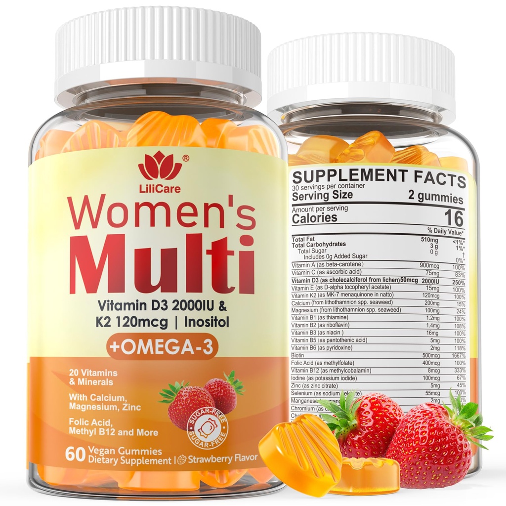 Womens Multivitamin Gummy with Omega 3（DHA/EPA), Vitamin D3 K2, Calcium, Inositol, Daily Womens Vitamin A C E B Complex, L-MethylFolate, Methyl B12,Sugar Free Methylated Multivitamins Minerals, 60Cts
