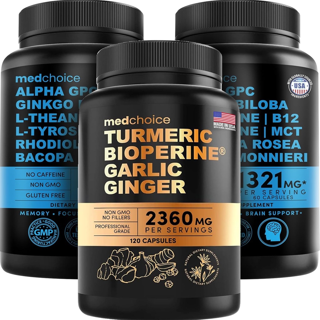 MEDCHOICE Turmeric & Ginger (120ct) und Nootropic Brain (120ct) Supplement Bundle - Wellness Duo für Joint, Digestion, Brain & Mood Support - Vegan, Non-GMO, Glutenfrei
