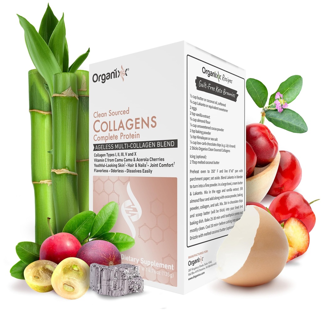 Organixx Clean Sourced Collagens, Protein Powder Supplement with 5 Types of Collagen, Vitamin C, Zinc, and Vitamin B6, Unflavored Collagen Powder, Dairy and Gluten Free, Keto, 15 Travel Packets