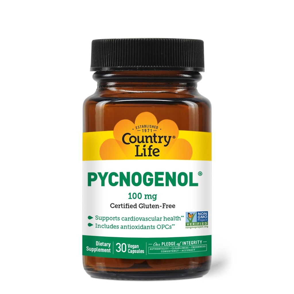 Country Life Pycnogenol 100mg - French Maritime Pine Bark Extract Antioxidants Supplement - Supports Cardiovascular Health - No Yeast, Corn, Wheat, Soy, Milk, Salt, Preservatives - 30 Capsules