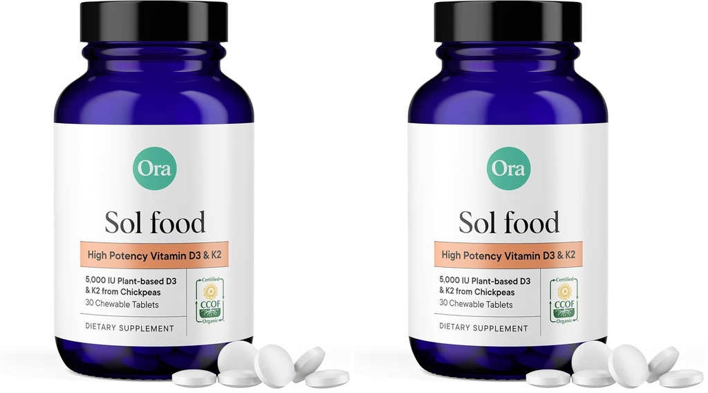 Ora Organic Vitamin D3 5000IU + K2 - Vegan Vitamin D from Lichen and K2 from Chickpeas for Bone Health, Immune Support, & Mood, Maximum Absorption - 1 Month Supply, 30 Chewable Tablets (Pack of 2)