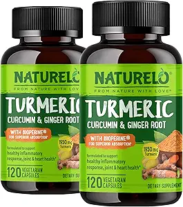 NATURELO Curcuminoide Turmerica - BioPerine per un migliore assorbimento - Pepe Nero, Radice di zenzero, Curcuminoidi - Supporto di Discomfort Joint Bassed - 120 Capsule Vegan (Pack of 2)